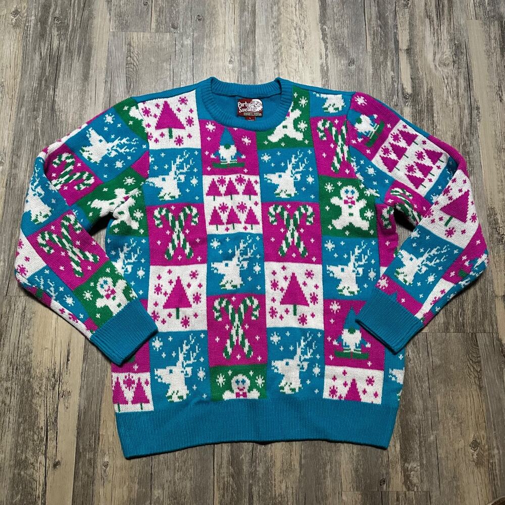 Christmas Party Sweater Large Retro Holiday Snowflake Reindeer Dec 25